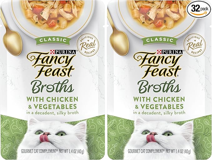 Fancy Feast Purina Lickable Wet Cat Food Broth Topper,Classic with Chicken and Vegetables - 1.4 oz. Pouches,(Pack of 32)
