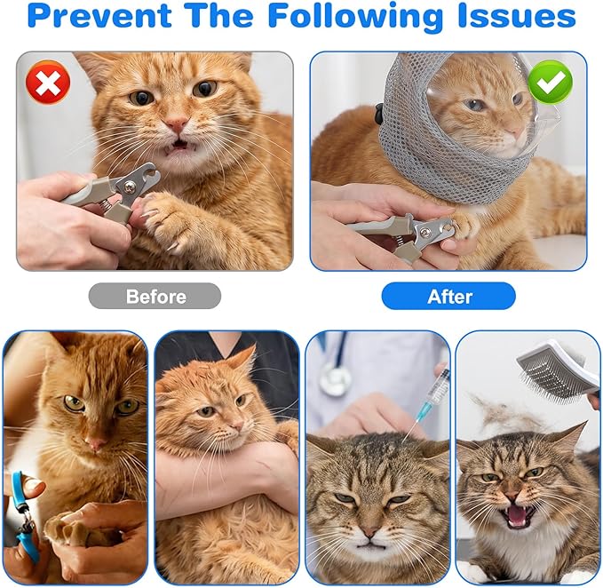 Adjustable Cat Muzzle for Grooming Biting Prevention Breathable TPU Cats Pet Head Cover Cats Helmet for Grooming with Transparent Anti-Bite Bubble Muzzle for Nail Trimming Bathing Vet Visits(M)