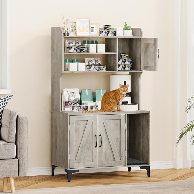 Garvee Cat Litter Box Enclosure with Shelves,Hidden Cat Box Furniture,Litter Box Cabinet with Scratching Mat,Wood Sturdy Cat Washroom Storage Indoor, Gray