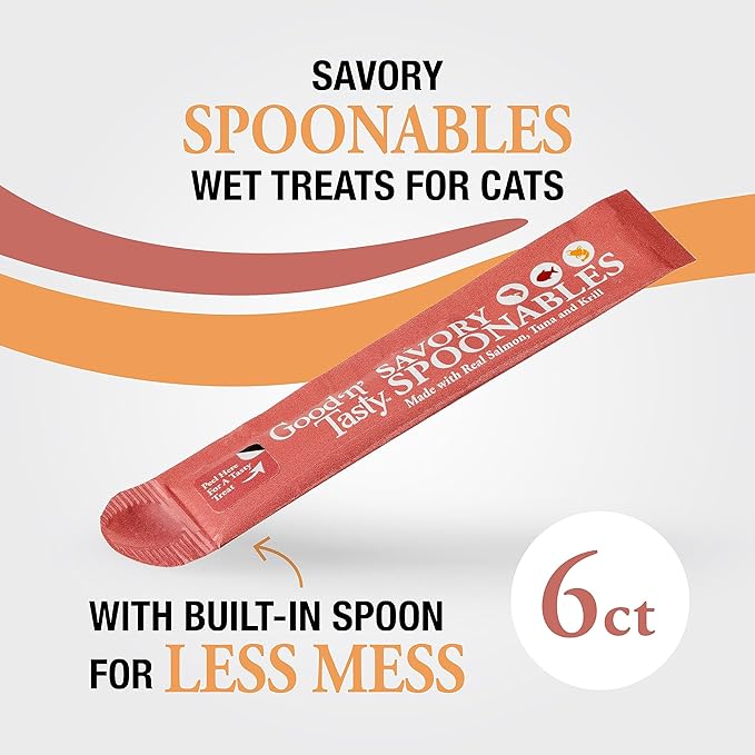Good 'N' Tasty Savory Spoonables with Real Salmon, Tuna & Krill, 6 Count Tube, Triple Flavor Squeezable Lickable Wet Treats for Cats with Built-in Spoon for Less Mess