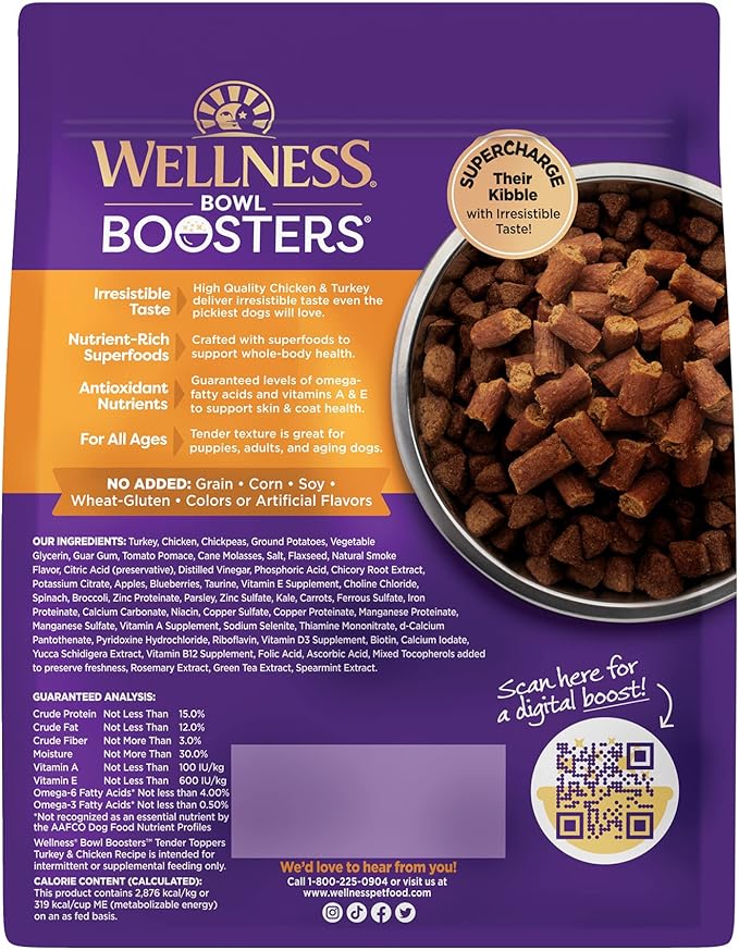 Wellness Bowl Boosters Tender Toppers Dog Food Topper for Small, Medium, and Large Breeds, Grain Free, Natural, Turkey and Chicken Recipe, 2 lb Bag