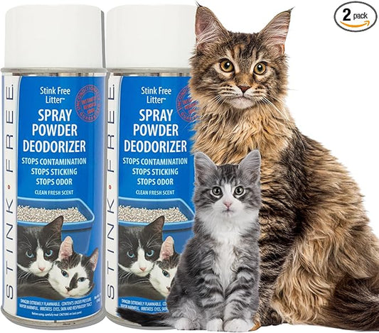 Cat Litter Box Deodorizer Powder Spray & Odor Eliminator (2 Cans) - Non-Stick Kitty Litter Box Deodorizer, Eliminators, Absorber & Freshner