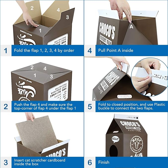Simple Delxue Cardboard Cat House with Scratch Pad, Corrugated Kitten Hideaway Cave, Cute Cats Condos Box, Milk Box Shape Cat Scratching House Bed, Black