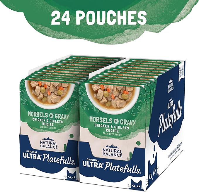 Natural Balance Original Ultra Platefulls Adult Grain Free Wet Cat Food Salmon, Chicken & Giblets Formula in Gravy, 3 Ounce Pouch (Pack of 24)