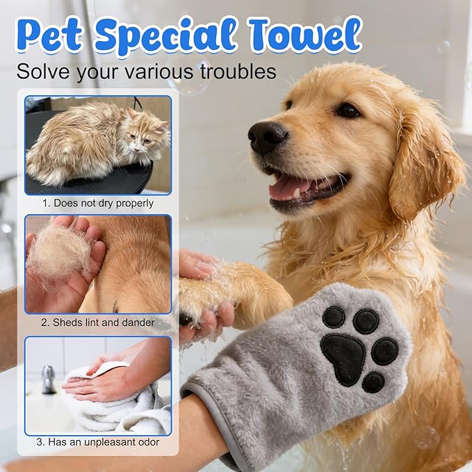 Paw Bathing Towel for Cats Puppy, Reusable Absorbent Quick-Dry Pet Grooming Towel, Soft Bath Mitt for Dirt Odor Removal, Daily Care and Travel, for Dogs & Cats (Grey)