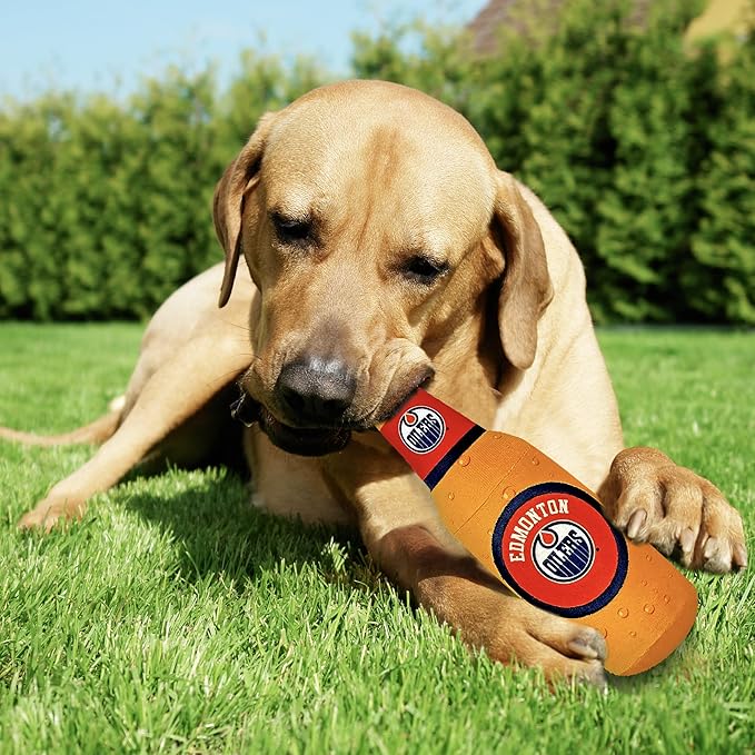 Pets First NHL Edmonton Oilers Beer Bottle Plush Dog & Cat Toy- Cutest Stadium SODA Bottle Snack Plush Toy for Dogs & Cats with Inner Squeaker & Beautiful Hockey Team/Logo