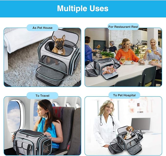 Airline Approved Pet Carrier, Large Soft Sided Pet Travel TSA Carrier 4 Sides Expandable Cat Collapsible Carriers with Removable Fleece Pad and Pockets for Cats Dogs and Small Animals