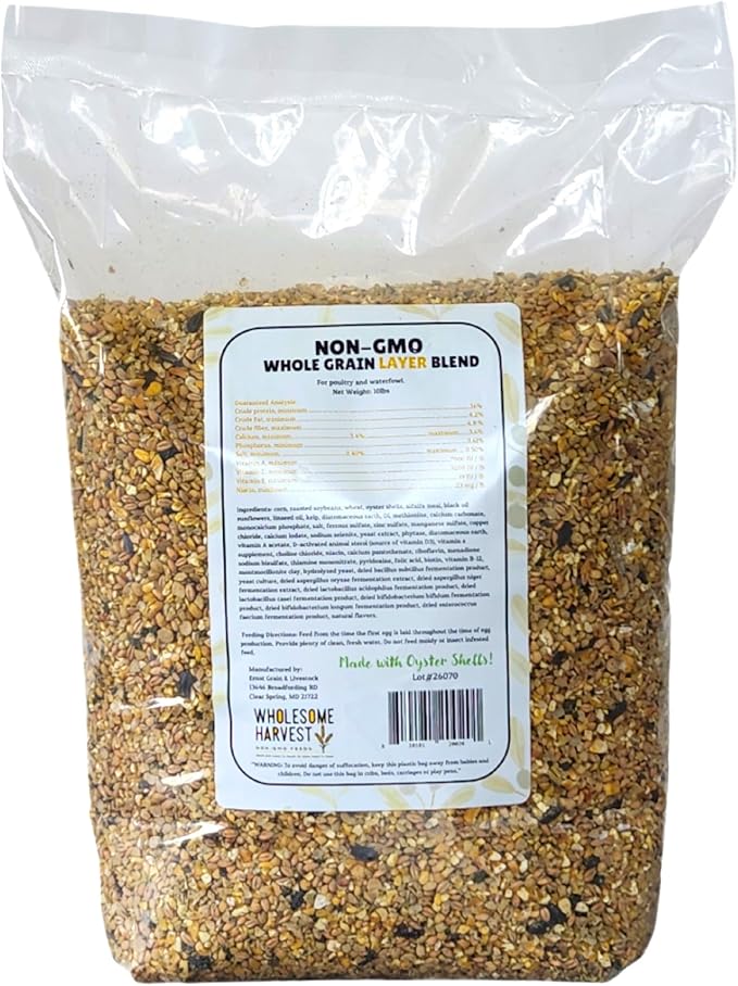 Non-GMO Whole Grain Layer Blend 16% - Chicken Feed for Laying Hens and Ducks - Includes Essential Oils, Herbs, Oyster Shells, Vital Minerals, and Omega 3, 10lb