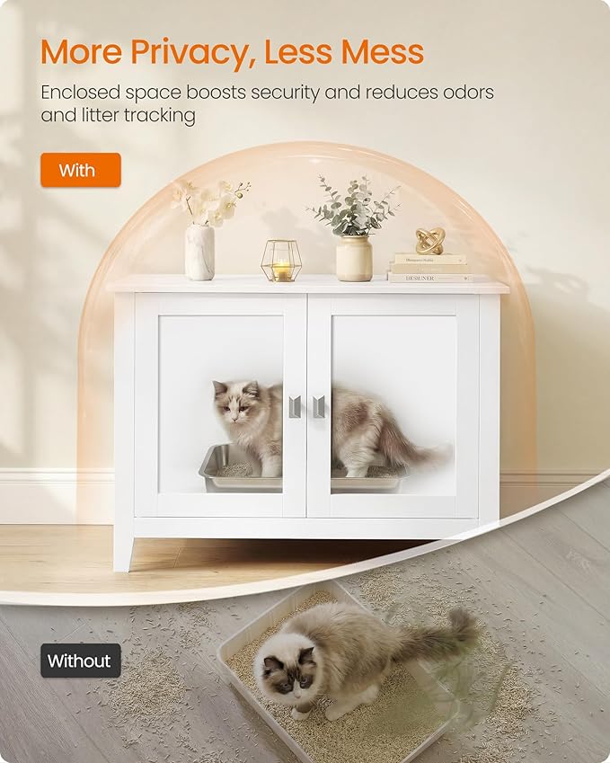 Feandrea Cat Litter Box Enclosure, Modern Hidden Cat Litter Box Furniture, Double Doors, Handles, Indoor Pet House Washroom, Living Room Side End Table, Cloud White UPCL015WB01