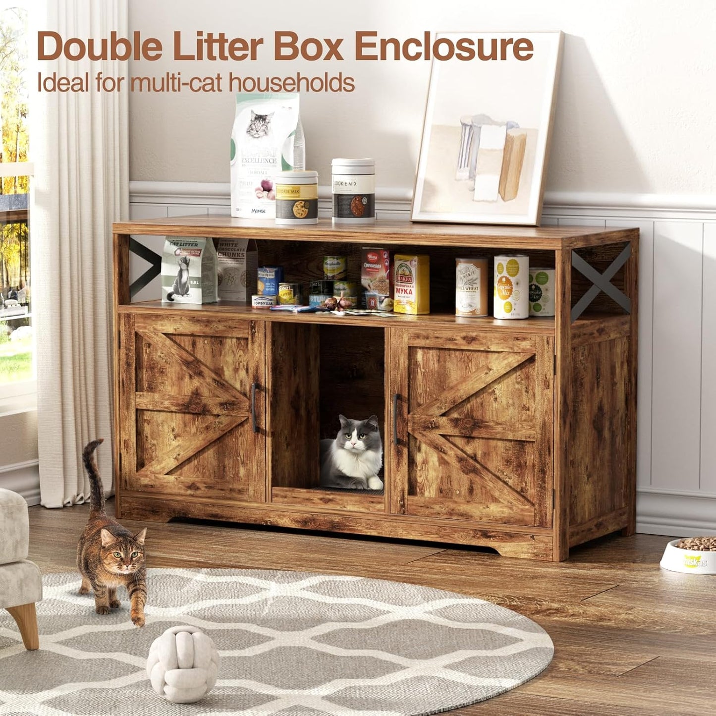 Cat Litter Box Enclosure for 2 Cats, 47" Double Hidden Litter Box Furniture with Scratch Pad, Farmhouse Indoor Litter Box Cabinet Cat Washroom, Rustic Brown