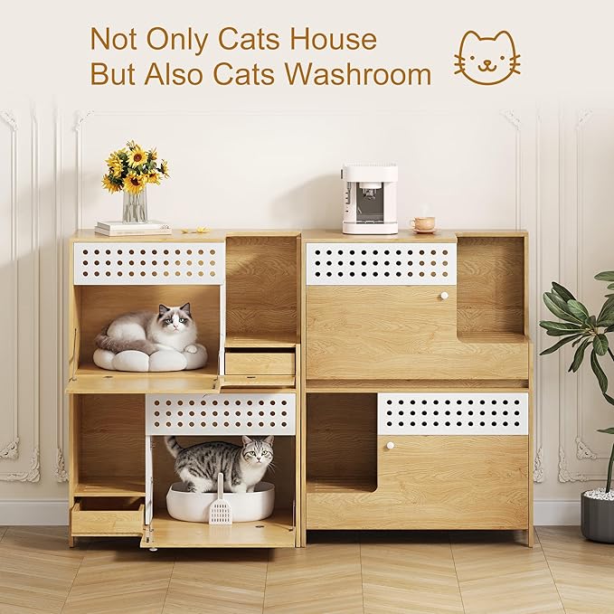 GDFStudio 44" Modern Cat Litter Box Enclosure Furniture, 2 in 1 Cat Furniture Set with Storage Shelf and Flip Door, Wooden Indoor Cat House, Space Saving Pet Furniture, Natural