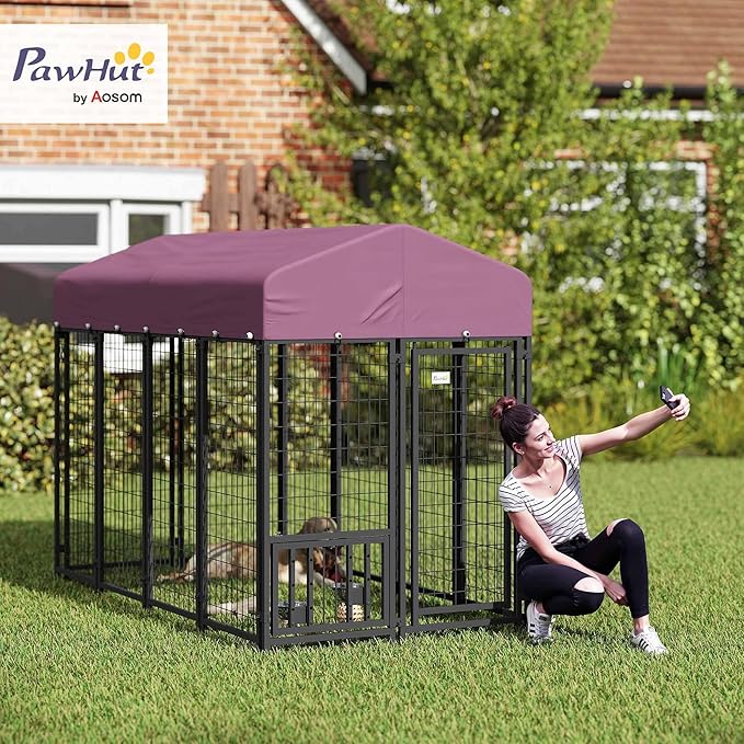 PawHut Outdoor Dog Kennel with Roof, 8' x 4' x 6' Heavy Duty Welded Wire Dog Playpen Enclosure with Escape-Proof Lock, Adjustable Bowls, UV-Resistant & Waterproof Cover, for S&M&L Breeds, Silver