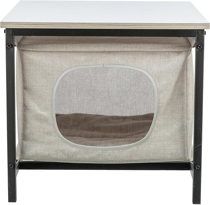 Trixie Emmie Indoor Cat Condo, Cozy Cat House with Metal Frame and Sturdy Fabric and Cozy Cushion for Extra Comfort, Classic Style Design, Greige/Gray, Use as a Table & Nightstand