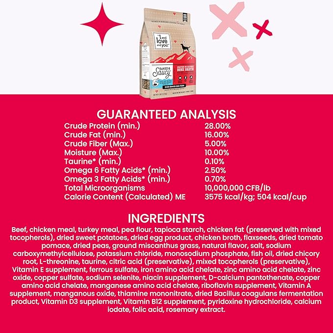 I and love and you Baked & Saucy Dry Dog Food with Gravy Coating, Beef & Sweet Potato Recipe, Grain-Free, Prebiotics & Probiotics, Real Meat, No Fillers, 4 Pound Bag