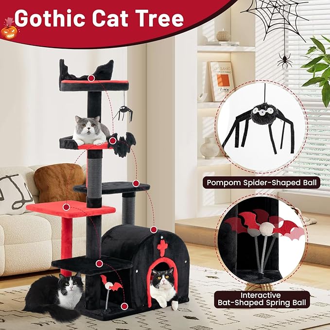 Tangkula Gothic Cat Tree, 53 Inch Black Cat Tower with Coffin Bed, Condo, Scratching Posts, Spider Pompom & Spring Balls, Halloween Pet Furniture, Spooky Goth Cat Tree for Indoor Cats