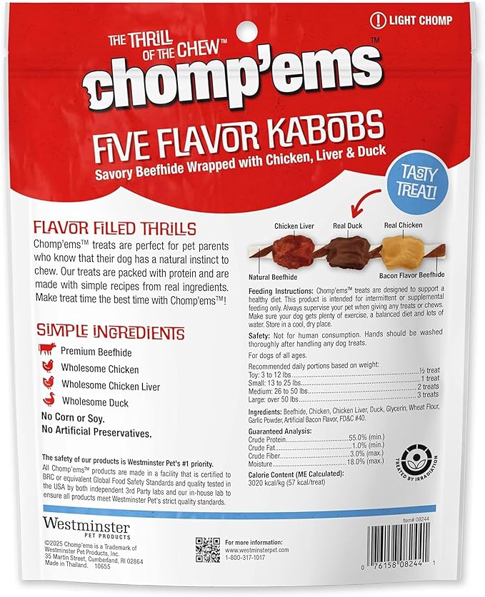 CHOMP 'EMS Five Flavor Kabobs Dog Treats - Beefhide Chewstick - High Protein Dog Chews, 24 Count, 16 oz,454g