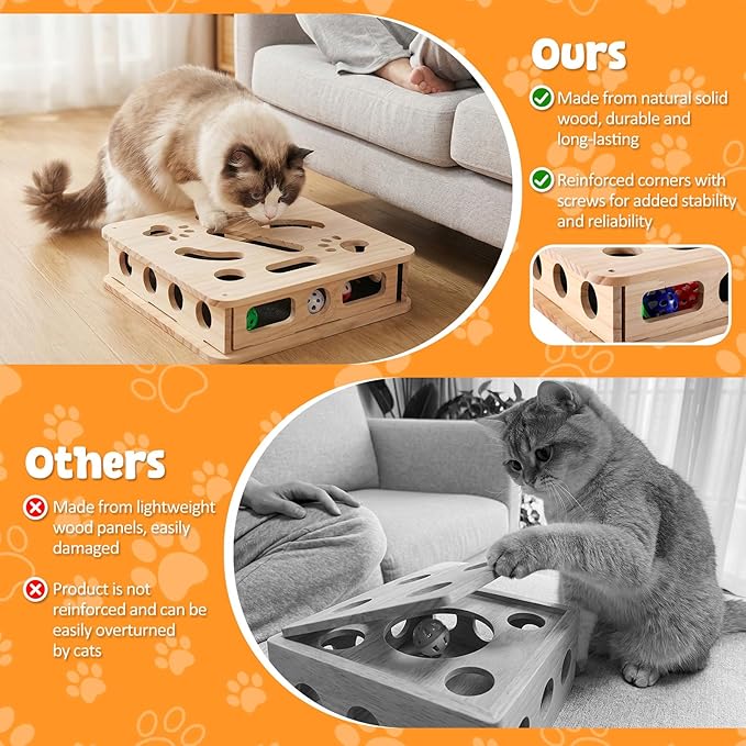 2026 Cat Scratch Puzzle Enrichment Box, Cat Nail File Enrichment Box, Includes Replacement Sandpaper, 3 Bell Balls & 1 Teaser Wand,Wooden Puzzle Treat Toy Box Stimulate Cat Instincts for Bored Cats