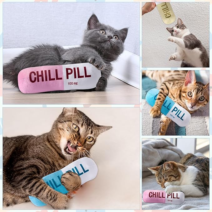 CUweipeng Squeaky Dog Chew Toys - 3Pcs Chill Pill Capsule Teething Squeak Small Plush Dog Toy Keep Them Busy Aggressive Chewers Bite Kick Interactive Training Play Pet Lover Gifts Present Photo Props