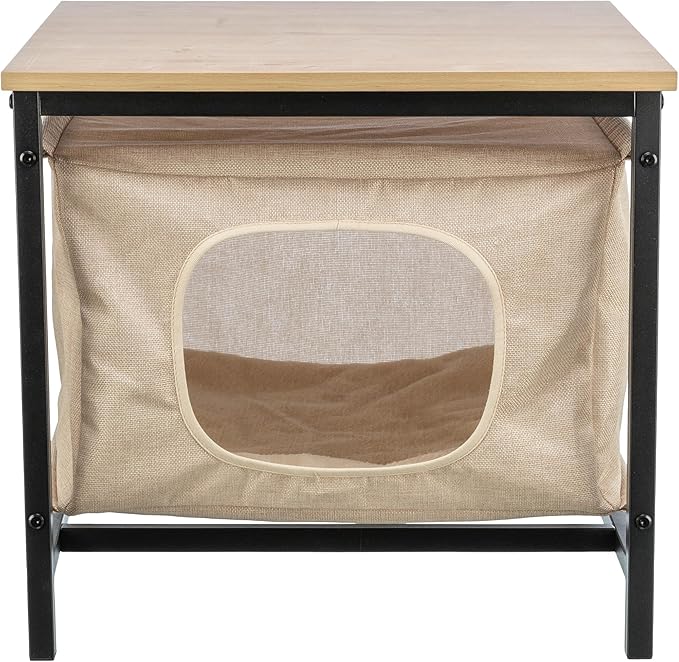Trixie Emmie Indoor Cat Condo, Cozy Cat House with Metal Frame and Sturdy Fabric and Cozy Cushion for Extra Comfort, Classic Style Design, Natrual/Beige, Use as a Table & Nightstand