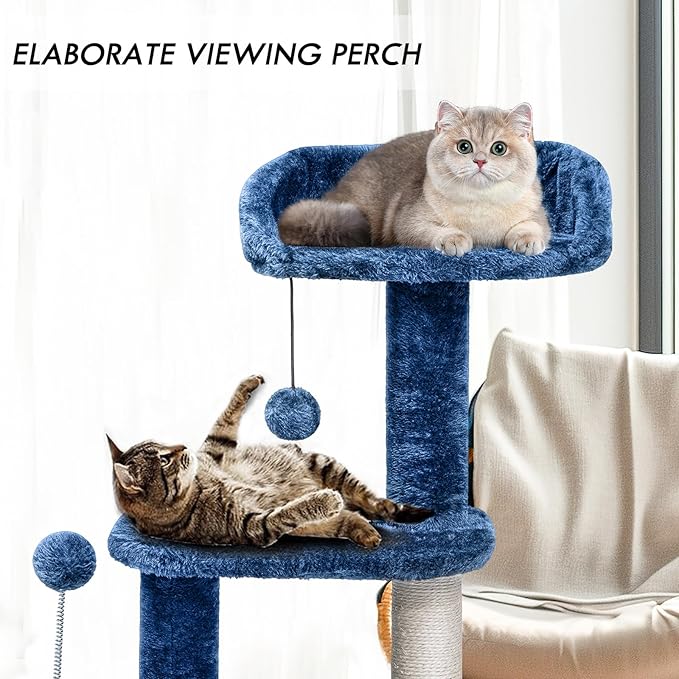 ClevaHome Small Deep Denim Blue Cat Tree for Small Spaces, Kittens, 33.5" Multi-Level Condo with Sisal Scratching Post, Plush Perches & Interactive Pompom Toy for Indoor Cats