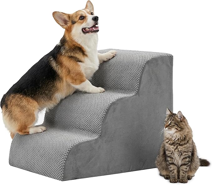 HealSmart Dog Stairs for Small Dogs, 3-Step Curved Design Pet Steps for Puppies & Senior Cats, High-Density Foam Indoor Non-Slip Ladder, Perfect for Sofa Couch and Chair Furniture Access, Gray