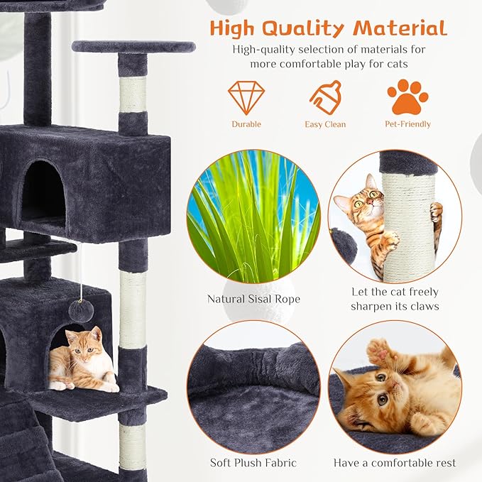 Hexago 54 Inch Cat Tree Tower for Indoor Cats, Dark Blue Multi-Level Cat Condo with Scratching Posts, Climbing Ramp, Plush Beds, and Toy Ball, Stable Cat Furniture Activity Center