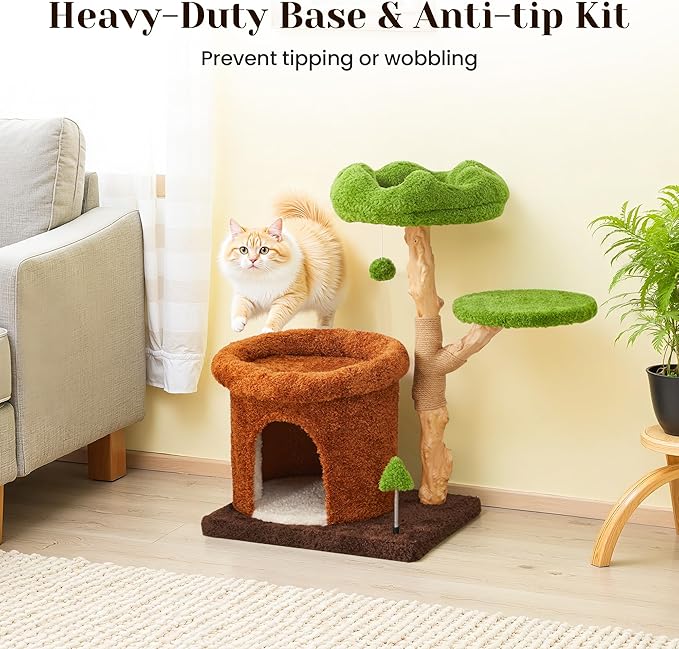Cat Tree Tower, 32-Inch Multi-Level Natural Wooden Cat Furniture with Sisal Scratching Posts, Beds & Condo, Cute Cat Tree for Indoor Cats, Multi-Cat House Hold solds