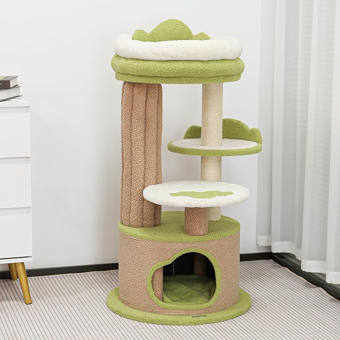 KAMABOKO 42.5" Cute Cat Tree, Green Cat Tree for Indoor Cats, Aesthetic Cat Tower with Teddy Fleece, Cats Condo, Unique Cat Furniture for Small Space - Perfect for Your Feline Pal
