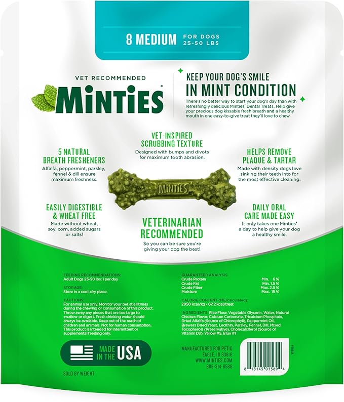 Minties Dental Chews for Dogs, 8 Count, Vet-Recommended Mint-Flavored Dental Dog Treats for Medium Sizes 25-50 lbs, Bones Clean Teeth, Fight Bad Breath, and Removes Plaque and Tartar