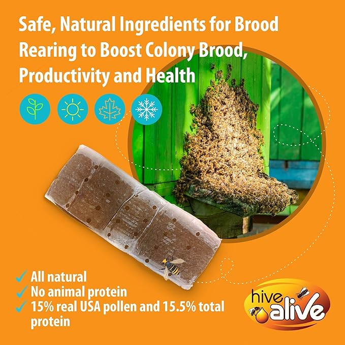 HIVE ALIVE Pollen Patty for Honey Bees – 10lb (10x1lb) Pollen Patties and Bee Food for Spring with 15% Real USA Pollen, Seaweed and Amino Acids to Support Brood and Colony Health