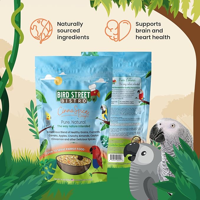 Bird Street Bistro Parrot Food for Parakeets & Cockatiels - CinnaSpice - 24 oz - Cooks in 3-15 min, Natural Grains, Fruits & Vegetables - USA Made