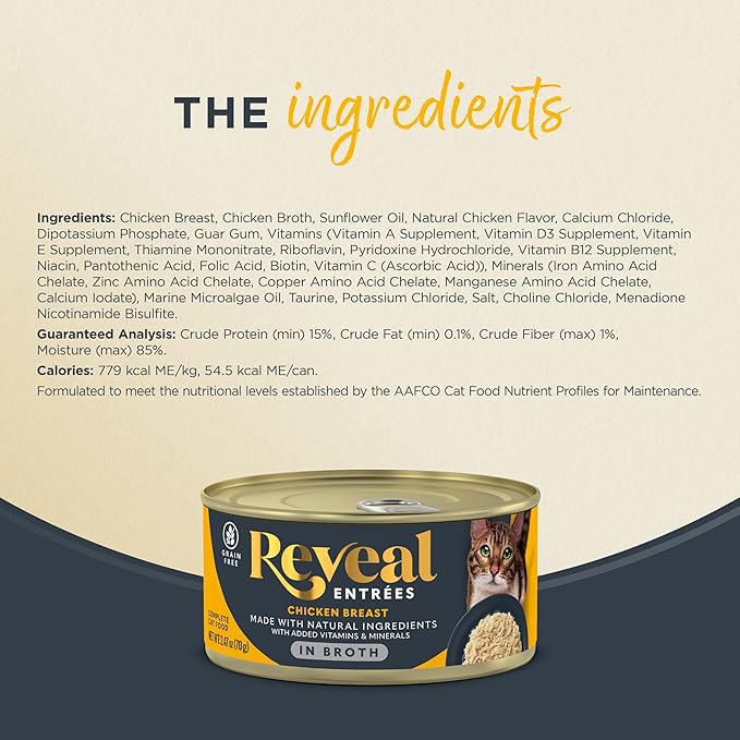 Reveal Entrées Natural Wet Cat Food, Grain-Free with Added Vitamins & Minerals, Carrageenan-Free and High Protein, Chicken Breast in Broth (24 x 2.47 oz Cans)