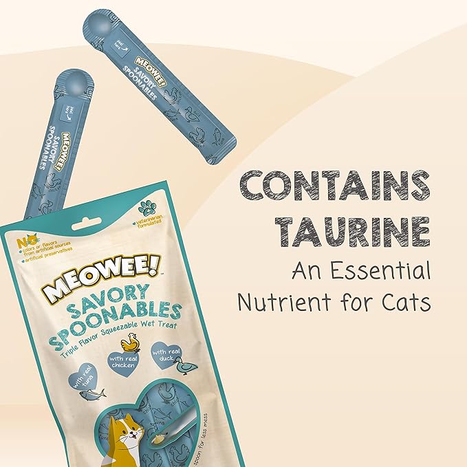 MEOWEE! Savory Spoonables with Real Tuna, Chicken & Duck, 4 Count Tube, Triple Flavor Squeezable Lickable Wet Treats for Cats with Built-in Spoon for Less Mess
