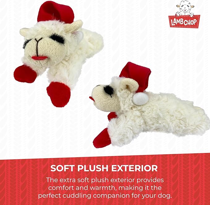 Multipet Lamb Chop Dog Plush Toy w/ Santa Hat - Squeaky Toy for All Dogs - Extra Soft Plush - Stuffed Animal for Cuddling & Playing (6”, Cream)