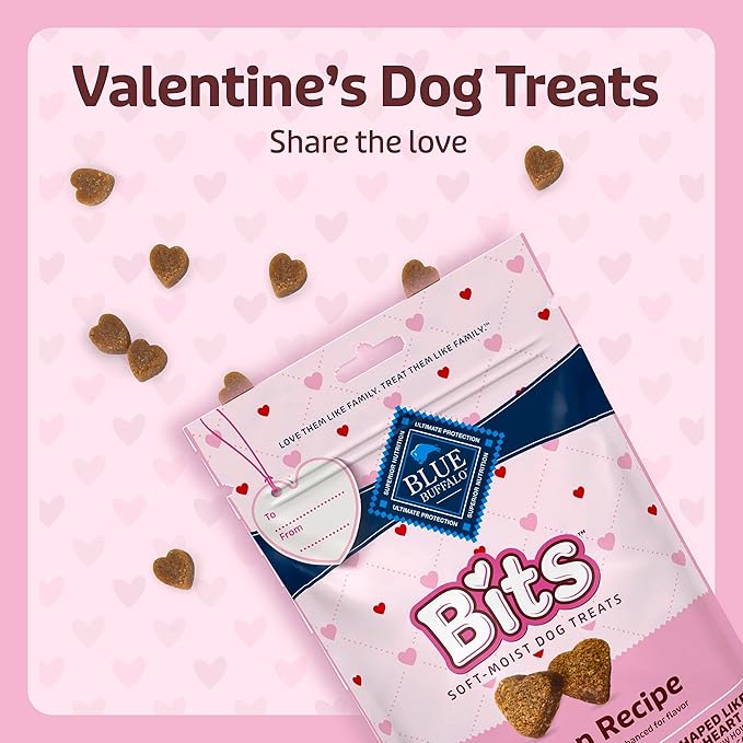 Blue Buffalo Bits Soft & Chewy Natural Dog Treats, Bite-Sized & Heart-Shaped Valentine’s Morsels, Chicken Recipe, 4.5-oz Bag