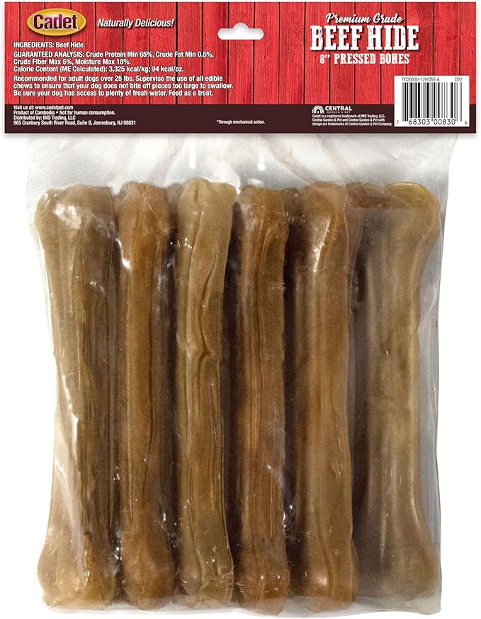 Cadet Premium Grade Pressed Beef Hide Bones, Long Lasting Rawhide Dog Chews, 8 Inch (6 Count)