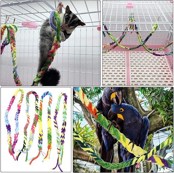 GALPADA 4pcs Hamster Suspension Bridge Swing Hammock Set with Cotton Climbing Rope and Parrot Stand Rod, Colorful Small Bird Cage for Hamster and Parrot Activity Play Random Color