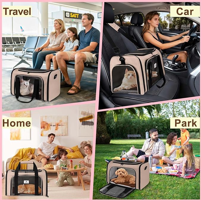 Cat Carrier - Cat Carrier Soft with Plush Pad & Cooling Mat, Easy-Load 4-Side Zipper & 3-Side Mesh Ventilation, Pet Carrier Airline Approved for Cats/Dogs Up to 16 lbs, Brown