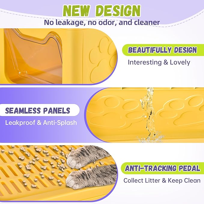 Cat Litter Box with Litter Mat, Foldable Extra Large Free in and Out/One-Way with Lid, Drawer Type Enclosed Kitty Litter Box,Odor Control Anti-Splashing Easy Cleaning (Yellow)