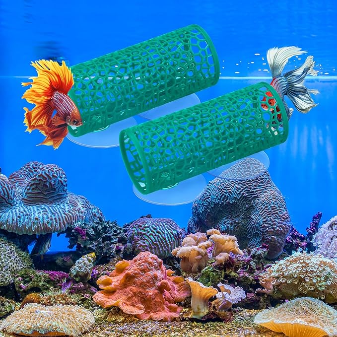 Honeydak 2 Pcs Betta Fish Tank Accessories Betta Tunnel Fish Toys Safe Hollow Hammock Cave Aquarium Decor with Suction Cups for Small Shrimp Reptile Guppies(Green,Hideout Tube)
