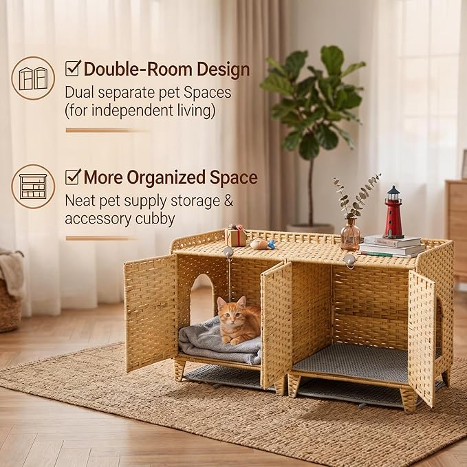 Garvee Cat Litter Box Enclosure Furniture, Handwoven Rattan Cat Houses, Hidden Cat Washroom Furniture with Door/Mat, Large Space Cat Houses with s-Shaped Hooks, Living Room, Bedroom, Natural