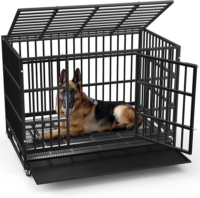 LEMBERI 38 inch Heavy Duty Indestructible Dog Crate, Escape Proof Dog Cage Kennel with Lockable Wheels,High Anxiety Double Door Dog Crate,Extra Large Crate Indoor for Large Dog with Removable Tray