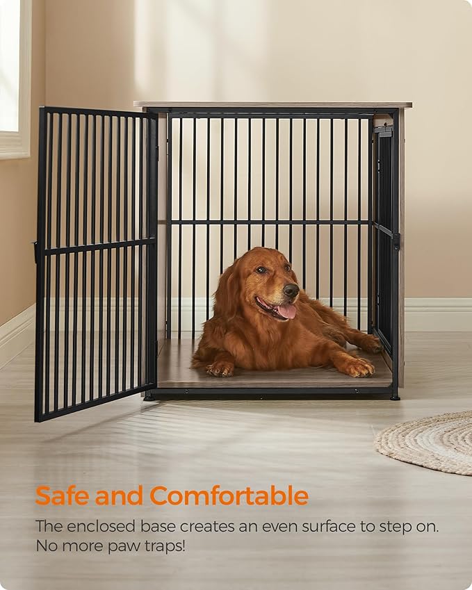 Feandrea 43.3" Dog Crate Furniture, Heavy-Duty Dog Cage Side End Table, XL Pet Wood Kennel for Large and Medium Dogs up to 80 lb with Enclosed Base, Double-Door Pet House, Greige