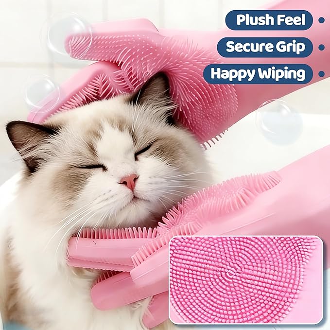 2Pcs Waterless No-Rinse Pet Shampoo Essence for Dogs & Cats with Pink Grooming Gloves | Pomegranate Scent for Skin & Coat Care | Includes 5-Finger Bathing & Massage Gloves for Dogs/Cats