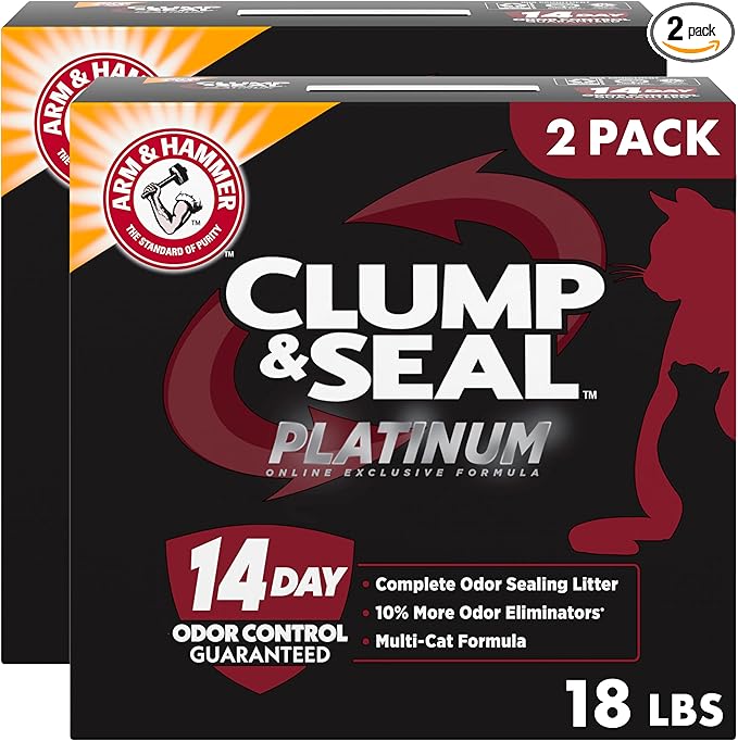 ARM & Hammer Clump & Seal Platinum Cat Litter, Multi-Cat Clumping Litter Forms Rock-Hard Clumps, Powerful Odor Eliminators with Baking Soda, 14-Day Odor Control, 18 lbs (Pack of 2)