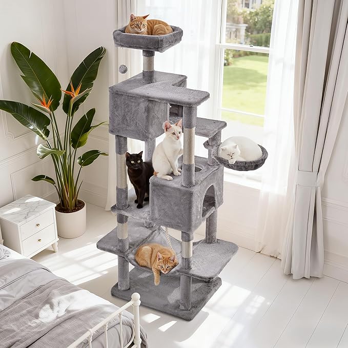 Cat Tree for Indoor Cats, 66 Inches Cat Tower with Scratching Post, Multi-Level Climbing Tree Cat House Padded Plush Perch, Cat Condo Activity Center with Pompoms, Kittens Pet Play House, Beige