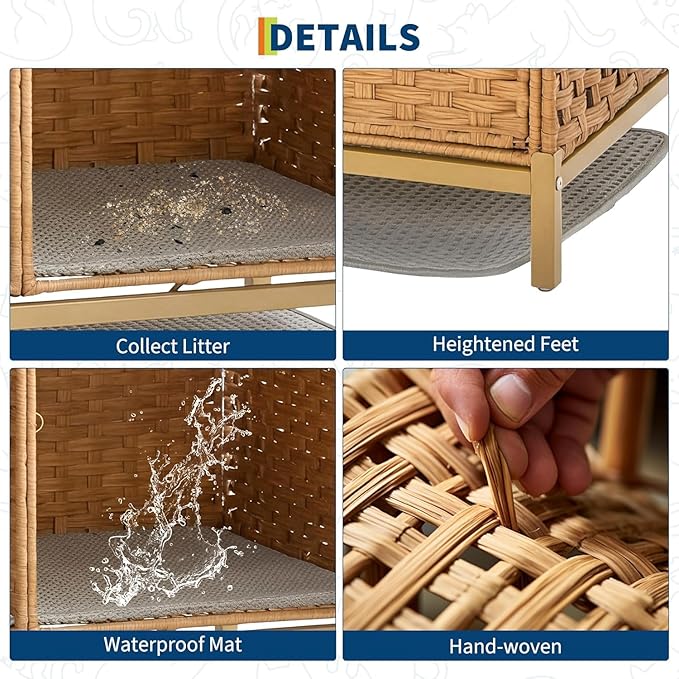 Garvee Cat Litter Box Enclosure Furniture, Handwoven Rattan Cat Houses, Hidden Cat Washroom Furniture with Door/Mat, Large Space Cat Houses with s-Shaped Hooks, Living Room, Bedroom, Natural