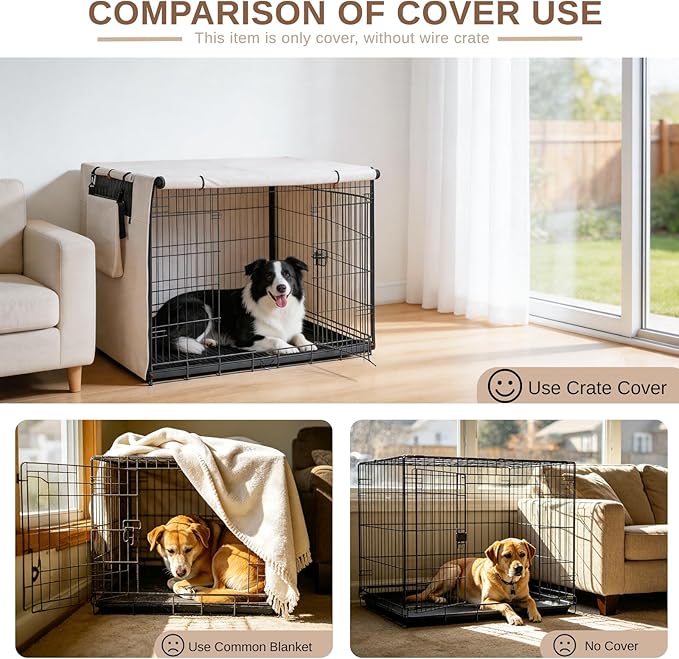Dog Crate Cover for Anxiety, Water-Resistant & Windproof 600D Oxford Kennel Cover with Storage Bag, Calming Indoor Outdoor Pet Crate Cover for 30 Inch Wire Crates, Machine Washable, Beige