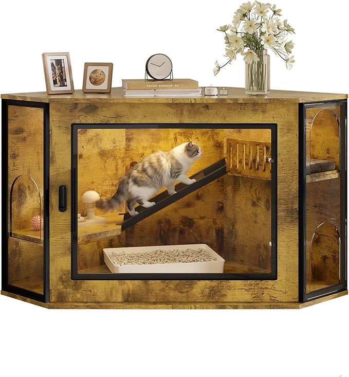 48" Corner Cat Litter Box Enclosure, Modern Hidden Cat Cabinet with Acrylic Door, LED Light & Playground, Multi-Level Cats House with Stairs, Corner Furniture for Small Apartments, Brown