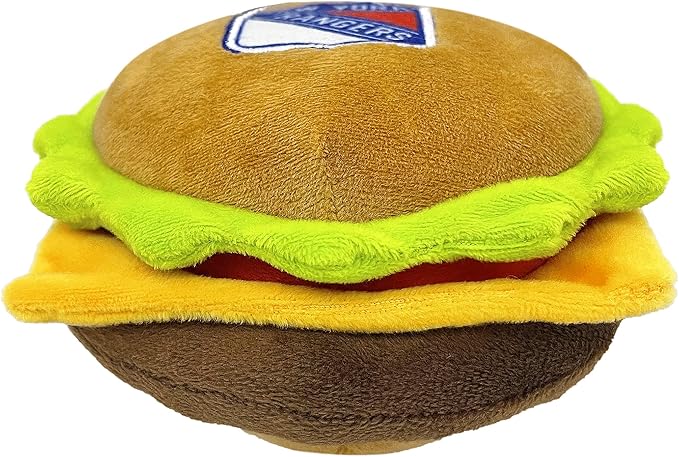 Pets First NHL New York Rangers Crinkle Fine Plush Dog & Cat Squeak Toy - Cutest STADIUM HAMBURGER Plush Toy for Dogs & Cats with INNER SQUEAKER & Beautiful Hockey Team Name/Logo